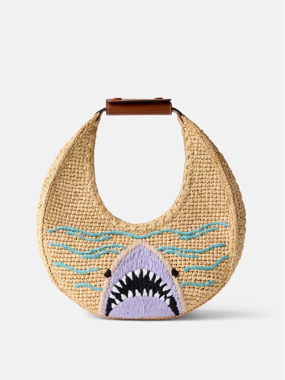 STAUD Moon Tote - Natural Straw Hobo with Blue Wave & Gray Shark Embroidery - Picture 7 of 7